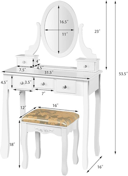 CHARMAID Vanity Table Set with Rotatable Oval Mirror, Bedroom Makeup Table with 5 Drawers for Women Girls, Dressing Table with Cushioned Stool (White)