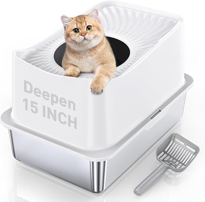 Stainless Steel Cat Litter Box, Large Top Entry Litter Box for Big Cats, Enclosed Kitty Litter Pan with Lid, Metal Cat Box Never Absorbs Odors, Easily Cleaning, Include Scoop-Mewly Pet