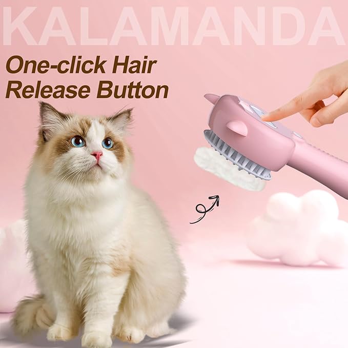 Cat Steam Brush for Shedding, 4 in 1 Steamy Cat Comb with Handle, Rubber Pet Misting Brush with Release Button for Indoor Kittens Small Animals(Pink)-Mewly Pet