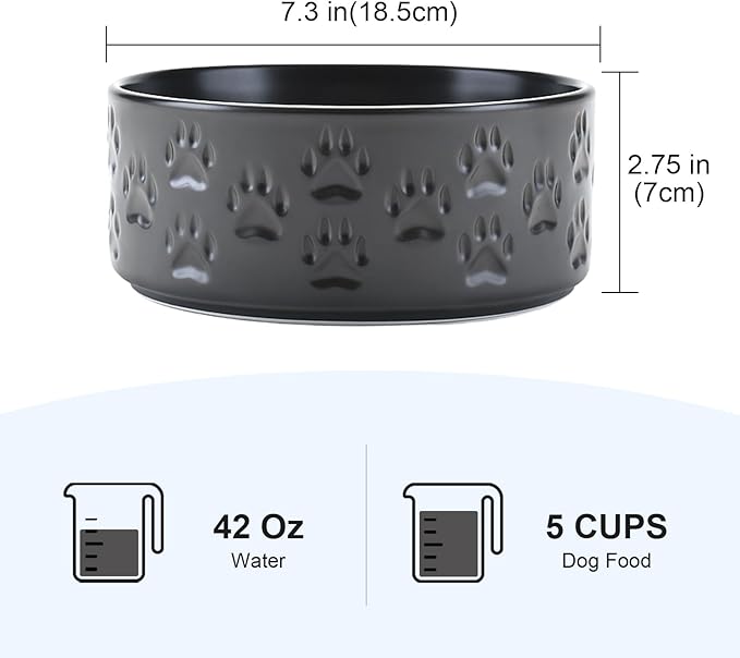 SPUNKYJUNKY Ceramic Dog Bowls 2 Pack, 7.3'' Dog Food Water Double Feeding Bowls Non-Slip for Medium to Large Sized Breed Microwave Dishwasher Safe - 42 OZ, 2pcs, Paw Black-Mewly Pet