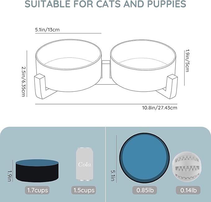 SPUNKYJUNKY Ceramic Dog and Cat Bowl Set with Wooden Stand, Modern Cute Weighted Food Water Set for Small Size Dogs (13.5OZ) & Medium Sized Dogs (28.7OZ) & Cats (1.7 Cups, 2 × Starry Blue)-Mewly Pet
