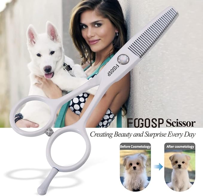 5 in Thinning Shears for Dogs Grooming Face for Small Dogs Eyes Face Paw Professional Small Cat Grooming Scissors(5" Blender,White)-Mewly Pet