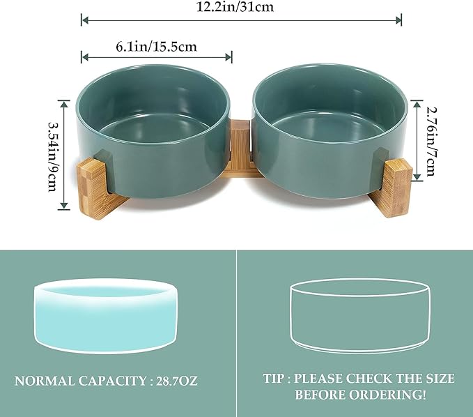 SPUNKYJUNKY Ceramic Dog and Cat Bowl Set with Wooden Stand, Modern Cute Weighted Food Water Set for Small Size Dogs (13.5OZ) & Medium Sized Dogs (28.7OZ) & Cats (3.6 Cups, 2 × Light Green)-Mewly Pet