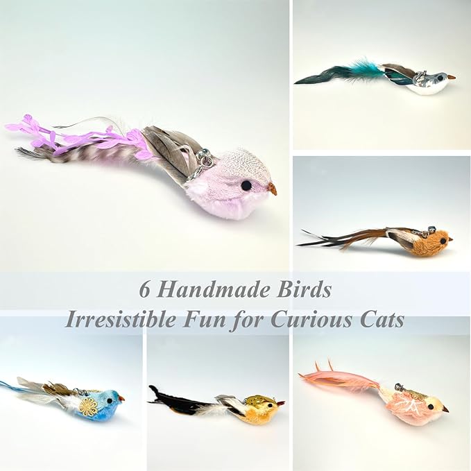 12PCS Interactive Cat Feather Wand Toy Set – 11 Bird & Feather Teaser Refills with Bells + Flexible Suction Cup Wand – Realistic Bird Design, Natural Materials, Indoor Cat Toys for Exercise & Play-Mewly Pet