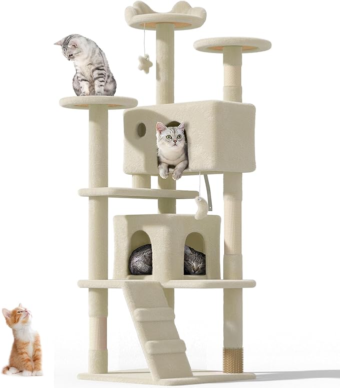 60'' Cat Tree Tower for Indoor Cats Large Adult,Cute/Tall Modern Cat Tree for Big Cats 20 lbs, Plush Multi-Level Cat Condo with Scratching Posts, Dangling Ball Indoor (Beige, 60 inch)-Mewly Pet