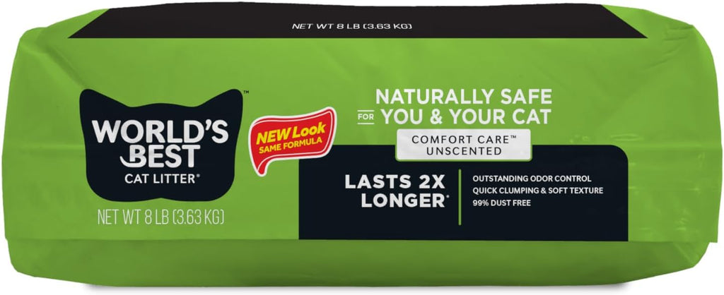 WORLD'S BEST CAT LITTER Comfort Care Unscented, 8-Pounds - Natural Ingredients, Quick Clumping, Flushable, 99% Dust Free & Made in USA - Long-Lasting Odor Control & Easy Scooping-Mewly Pet