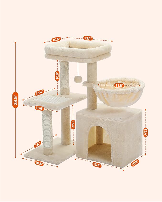 PEQULTI Small Cat Tree, [28.5''] Cat Tower for Indoor Cats, 2 Styles Activity Tree with Cat Scratching Posts, Big Hammock and Removable Top Perch Beige-Mewly Pet