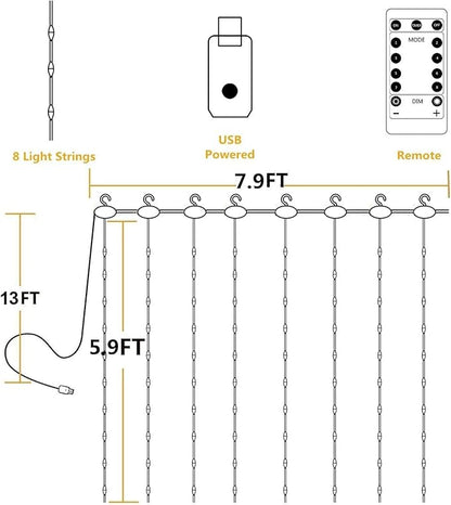 YEOLEH String Lights Curtain,USB Powered Fairy Lights for Bedroom Wall Party,8 Modes & IP64 Waterproof Ideal for Outdoor Wedding Decor (White,7.9Ft x 5.9Ft)