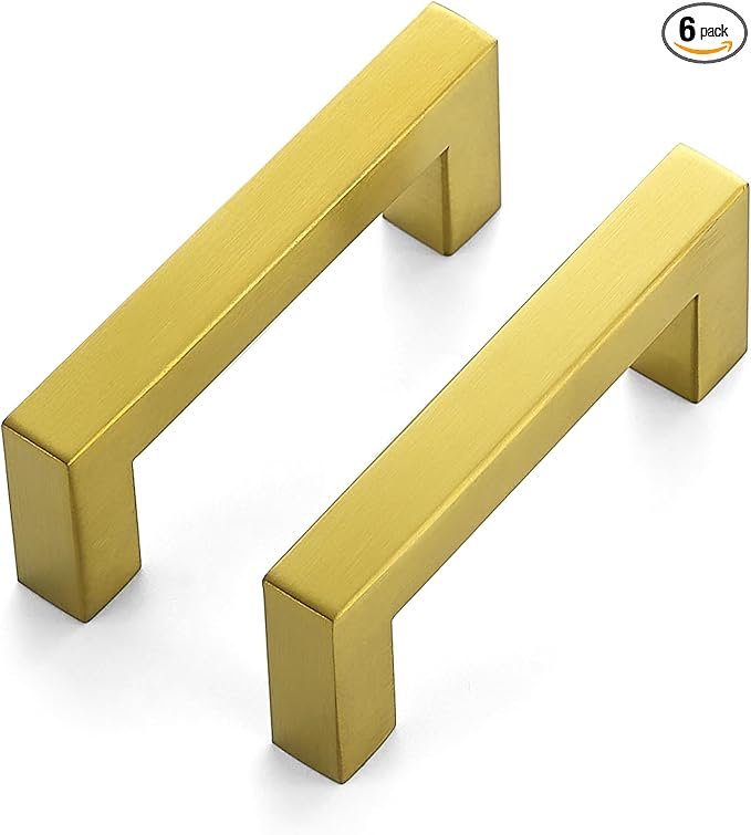 JOY DECOR 6 Pack Cabinet Handles, Gold Cabinet Pulls, 3 Inch Kitchen Closet Handles Square Drawer Pulls Stainless Steel Drawer Hardware, 76mm Hole Centers