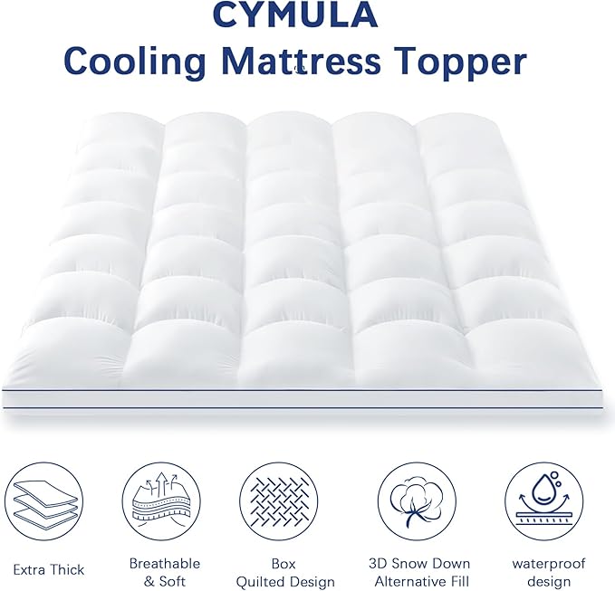 CYMULA Queen Mattress Topper Waterproof, Cooling Pillow Top Mattress Topper, Extra Thick Mattress Pad Cover with 8-21 Inch Elasticated Deep Pockets, Plush Down Alternative Fill Mattress Protector