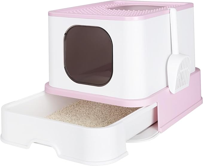 RIZZARI Foldable Cat Litter Box,Cat Box with Drawer, Large Capacity Litter Box with Lid, Top Opening Litter Pan for Small to Big Cats (Pink)-Mewly Pet