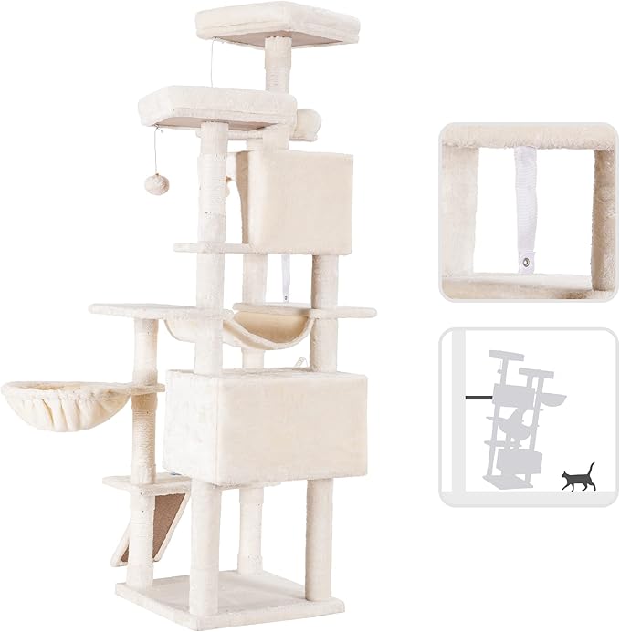 Hey-brother Cat Tree, 71 inches XL Large Cat Tower for Indoor Cats, Multi-Level Cat House with 3 Padded Perches, Big Scratcher, Cozy Basket, 2 Cat Condos and Scratching Posts, Beige MPJ034M-Mewly Pet