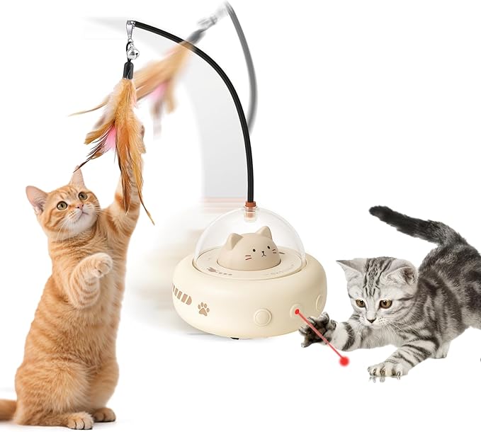 AIERSA Interactive Cat Toys for Indoor Cats, Automatic Enrichment Toy with LED Light and Feather for Cats and Kittens, Moving Self Play Stimulation Toy for Cat Lover Gifts-Mewly Pet