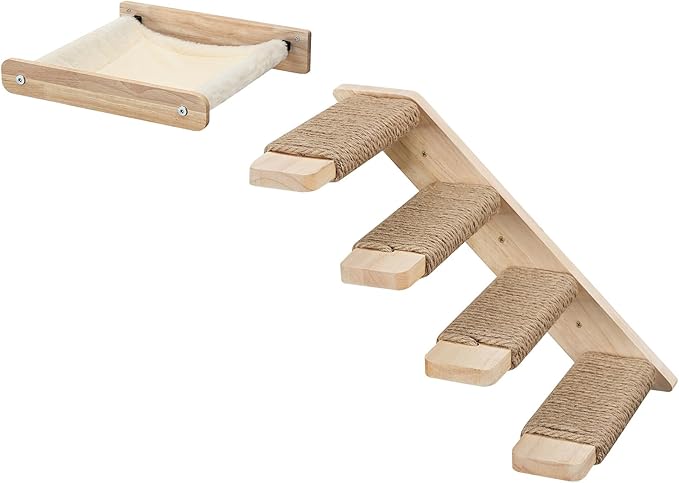HOOBRO Cat Wall Shelf Set of 2, Wall Mounted 4-Level Cat Steps with Jute Scratching Steps, Hammock Wall Mounted, Holds up to 40 lb, Cat Wall Furniture, for Playing, Natural NL41CS03-Mewly Pet