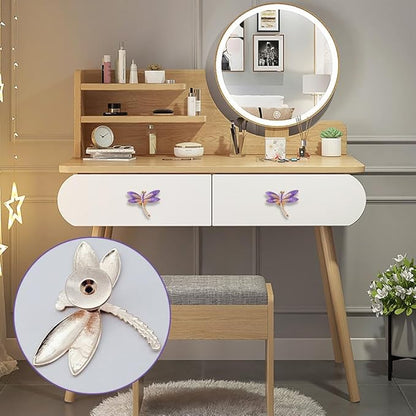 Lovely Dragonfly Cabinet Knobs Purple 4Pcs Animal Pull Single Hole Handle for Door Closet Drawer Cupboard Dresser Wardrobe Furniture Kitchen Modern Home Office