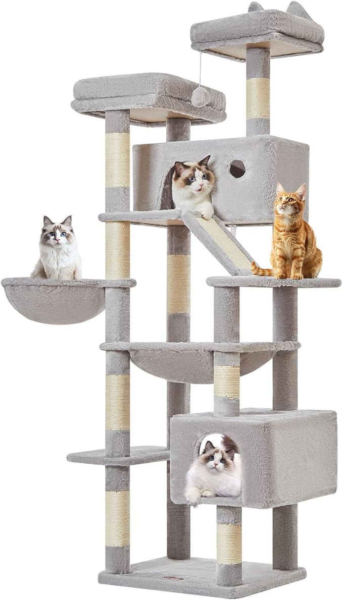 Taoqimiao Cat Tree 71-Inch, Cat Tower for Indoor Cats Large Adult, Multi-Level Large Cat Condo, 8 Sisal Scratching Posts, Metal Frame Cozy Hammock, Scratch Board, 2 Top Perches, Light Gray MS026LW-Mewly Pet