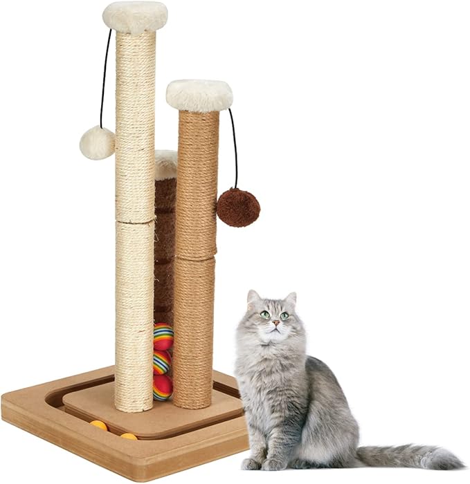 Cat Scratching Post Premium Natural Sisal Jute Carpet 3 Scratch Posts with Interactive Track Ball Base and Hanging Balls Toys Kitten Scratcher for Indoor Kittens and Small Cats-Mewly Pet