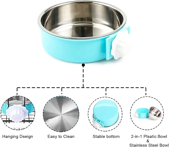 HERCOCCI Dog Crate Bowl, Removable Stainless Steel Pet Kennel Cage Hanging Food Bowls and Water Feeder Coop Cup Prevent Overflow for Puppy, Medium Dog, Cat, Rabbit, Ferret (2PCS)-Mewly Pet