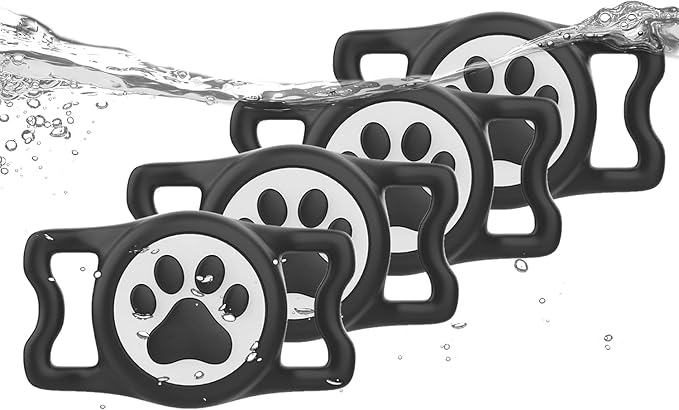 IP68 Waterpoof Dog Airtag Holder, Stretchy Silicone Full Body Covered Apple Air Tag Holder for Dog Cat Collar Fit All Width Collar (4* Black, 4 Pack)-Mewly Pet