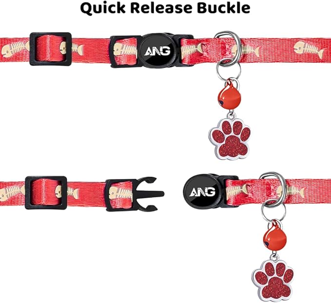 Personalized Breakaway Cat Collars Glow-in-The-Dark with ID Tag, Bell - Safety Quick - Release, Customizable for Female Male Kittens & Cats (Red)-Mewly Pet