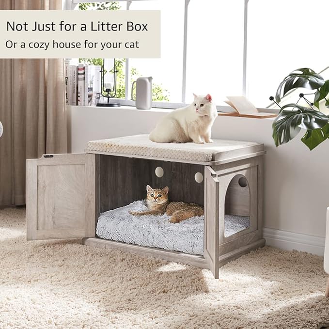 unipaws Cat Litter Box Enclosure Furniture, Hidden Litter Box Cover Washroom, Dog Proof Cabinet for Large Cat, Hideaway House, Weathered Grey-Mewly Pet