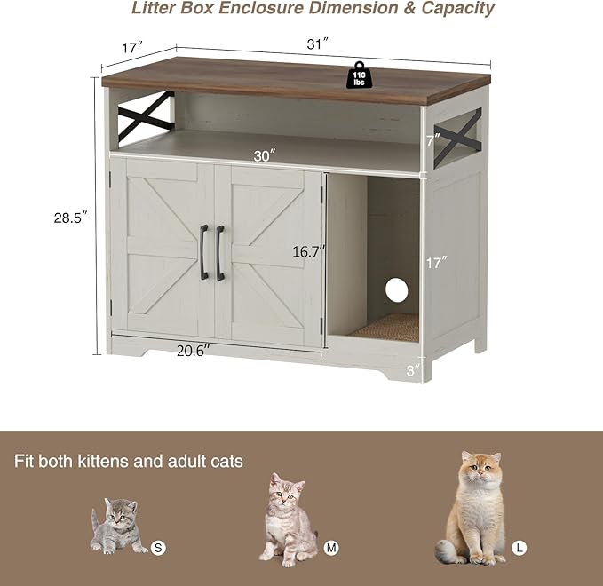 Cat Litter Box Enclosure, Hidden Litter Box Furniture with Scratch Pad, Farmhouse Indoor Cat House Washroom End Table, White-Mewly Pet