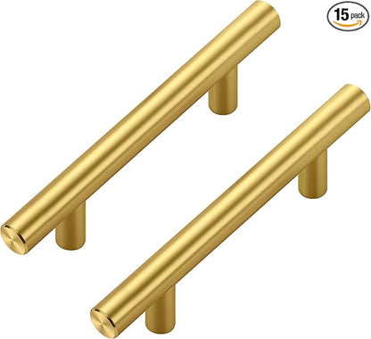 JOY DECOR 15 Pack Cabinet Handles, Gold Cabinet Pulls, 3 in Hole Center Kitchen Cabinet Handles, Stainless Steel T Bar Handles for Dresser Drawers
