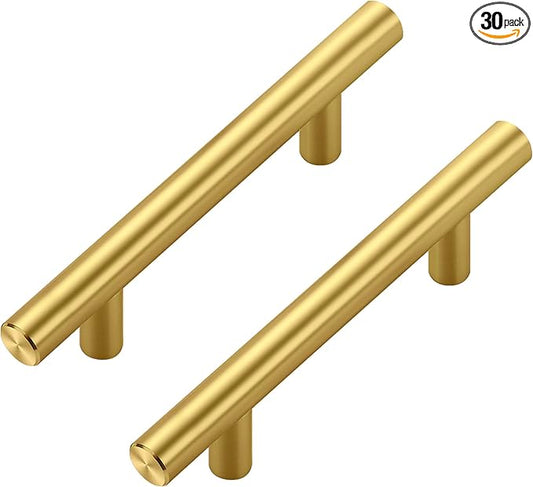 JOY DECOR 30 Pack Cabinet Handles, Gold Cabinet Pulls, 3 in Hole Center Kitchen Cabinet Handles, Stainless Steel T Bar Handles for Dresser Drawers