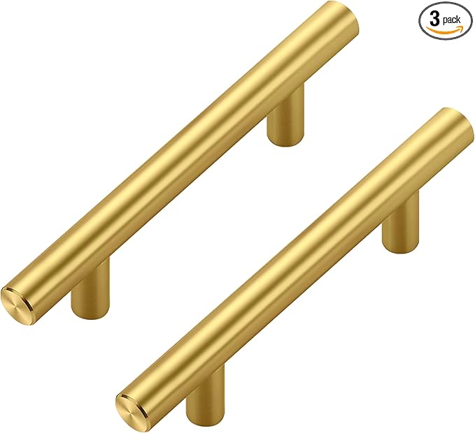 JOY DECOR 3 Pack Cabinet Handles, Gold Cabinet Pulls, 3 in Hole Center Kitchen Cabinet Handles, Stainless Steel T Bar Handles for Dresser Drawers