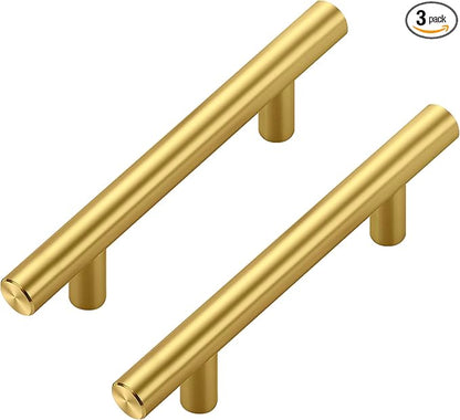 JOY DECOR 3 Pack Cabinet Handles, Gold Cabinet Pulls, 3 in Hole Center Kitchen Cabinet Handles, Stainless Steel T Bar Handles for Dresser Drawers