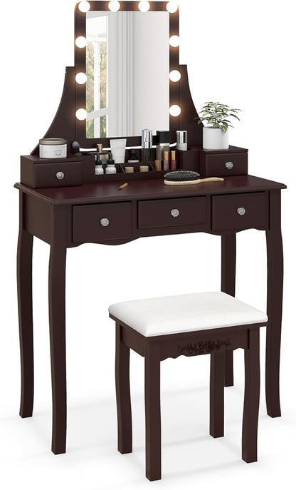 CHARMAID Vanity Desk with Mirror and Lights, Makeup Vanity Table with 5 Storage Drawers, 3 Color Lighting Modes, Adjustable Brightness, Modern Bedroom Dressing Table with Vanity Stool, Espresso