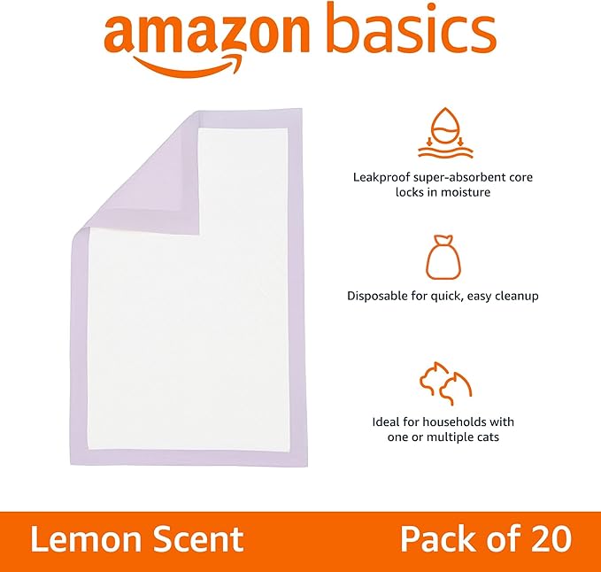 Amazon Basics Cat Litters Pee Pads, 20 Count, Universal Fit for Litter Box, Odor Control with Lemon Scent, Purple and White-Mewly Pet
