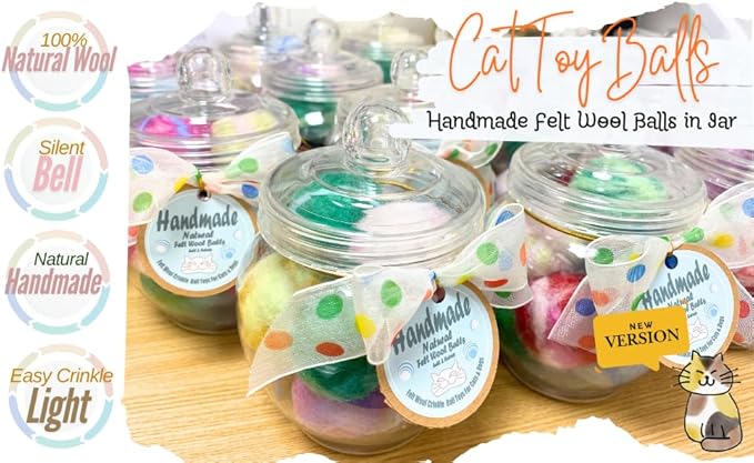 Felt Wool Cat Toys Ball with Catnip and Bell, Natural Handmade cat Toys Ferret Toys cat Gift Basket (Felt Wool Mixed in Jar)-Mewly Pet