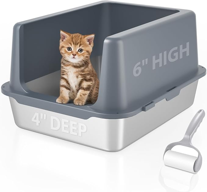 Litter Box with Lid, Stainless Steel Litter Box, 10" Metal Litter Tray High Sides, Small Litter Pan for Kittens, Enclosed Cat Litter Pan, Non-Sticky Covered Grey, Easy Clean-Mewly Pet