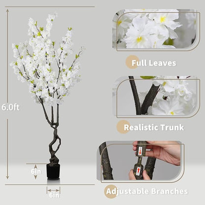Faux White Cherry Blossom 6ft(72in) Tall Artificial Plant Indoor Decor Handmade Natural Fake Cherry Blossom Tree for Wedding Realistic Cherry Plant in Pot for Home Living Room,Office,Outdoor Decor.