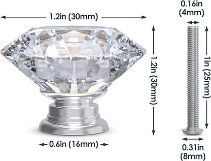 Tomorotec 12-Pack 30mm Crystal Clear Glass Silver Base Cabinet Drawer Pulls, Diamond Shape Cupboard Knobs with Screws for Kitchen, Dresser, Cupboard, Bathroom, Wardrobe (1.2 inch/30mm)