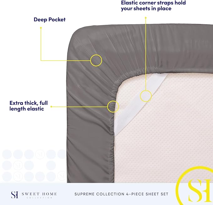 Split King Sheets - Breathable Luxury Sheets with Full Elastic & Secure Corner Straps Built In - 1800 Supreme Collection Extra Soft Deep Pocket Bedding Set, Sheet Set, Split King Size, Gray