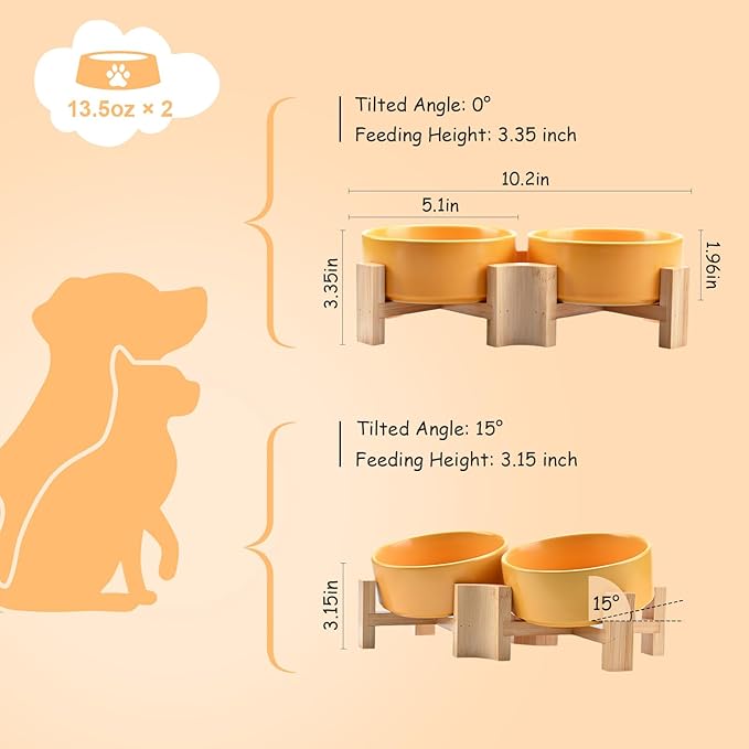 SPUNKYJUNKY 15° Slanted Ceramic Dog and Cat Bowl with Wooden Stand, Tilted Bulldog Food and Water Bowl No Slip Non-Spill for Cats Medium Dogs Big Face Pets 13.5 OZ (1.7 Cups, Yellow × 2)-Mewly Pet