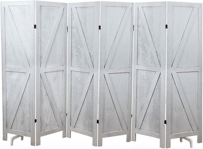 Premium Home 6-Panel Room Divider – Rustic White Barn Door, K Pattern Folding Privacy Screen, Partition Wall