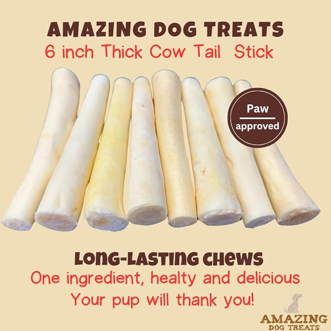 Amazing Dog Treats - 6 Inch Cow Tail Dog Chew- Thick - (20 Pcs/Pack) - Premium Quality - Sourced from Grass Fed Cattle - Long Lasting Dog Chew- Rawhide Alternative-Mewly Pet