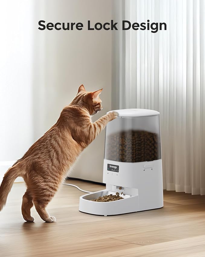 Cat Feeder Automatic - Cat Food Dispenser MeowServe S20, Auto Dog Feeder with Stainless Steel Bowl, 5L Pet Feeder with Patented Anti-Jam Port, App, Dual Lock Lid, Dual-Band WiFi & Power, White-Mewly Pet