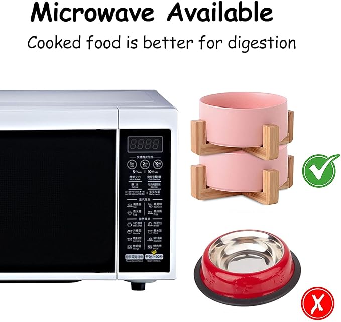 Petygooing Pink Ceramic Dog Cat Bowl Set with Stand, Pet Food and Water Dish,Medium Dog Bowls Anti Slip Set of 2 Cat Bowls Pet Food Bowl- Pet Dishes Small Medium Size Pet (28 OZ /3.6 Cups)-Mewly Pet