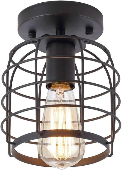 Create For Life® Industrial Vintage Flush Mount Ceiling Light,Rustic Metal Cage Pendant Lighting Lamp Fixture for Hallway Stairway Kitchen Garage, E26, Black Painting Finish