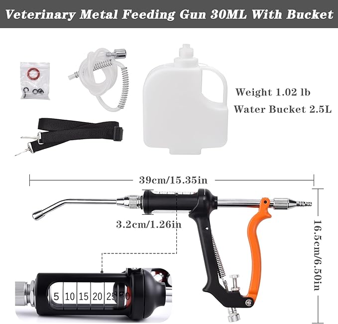 30ML Veterinary Metal Feeding Gun, Continuous Drench Gun Dosing Device Veterinary Adjustable Medicine Dispenser Husbandry Autonomous Feeding Tool, Pig Cattle, Sheep, Horse for Drench Gun-Mewly Pet