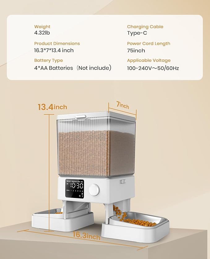 oneisall Automatic Cat Feeder for 2 Cats, 20 Cups/5L Automatic Cat Food Dispenser for Small Pets Indoor, Timed Cat Feeder for Dry Food(White)-Mewly Pet