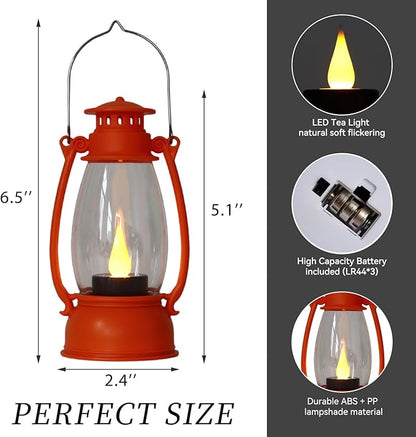 Orange Mini Lanterns Decorative 6-Pcs for Fall Halloween Thanksgiving Decoration, Small Western Lantern with LED Flickering Candle for Cowboy Camping Christmas Wedding Decor, Centerpiece Table