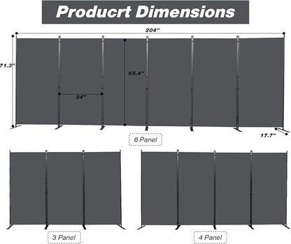 Room Divider, 6 Panel Folding Privacy Screens with Wider Support Feet, 6 Ft Portable Room Partition for Room Separator, 204" W X 71" H, Grey