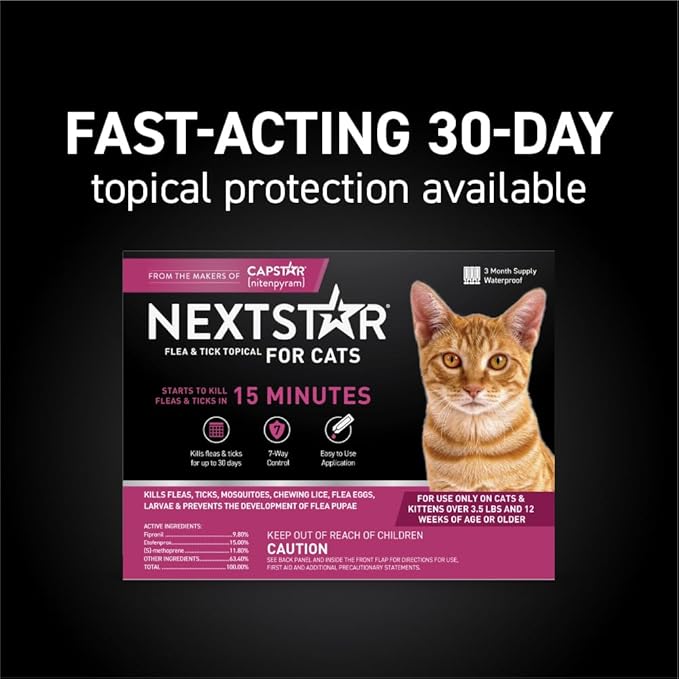 Flea and Tick Prevention for Cats, Repellent, and Control, Fast Acting Waterproof Topical Drops for Cats Over 3.5 lbs, 3 Month Dose-Mewly Pet