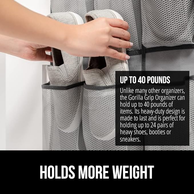 GORILLA GRIP Over the Door Shoe Organizer, 12 Large Breathable Mesh Pockets, Space Saving Hanging Storage Holder, 2 Hook Closet Rack Hanger, Hangs on Closets for Shoes, Accessories, 64H x 9.5W Gray