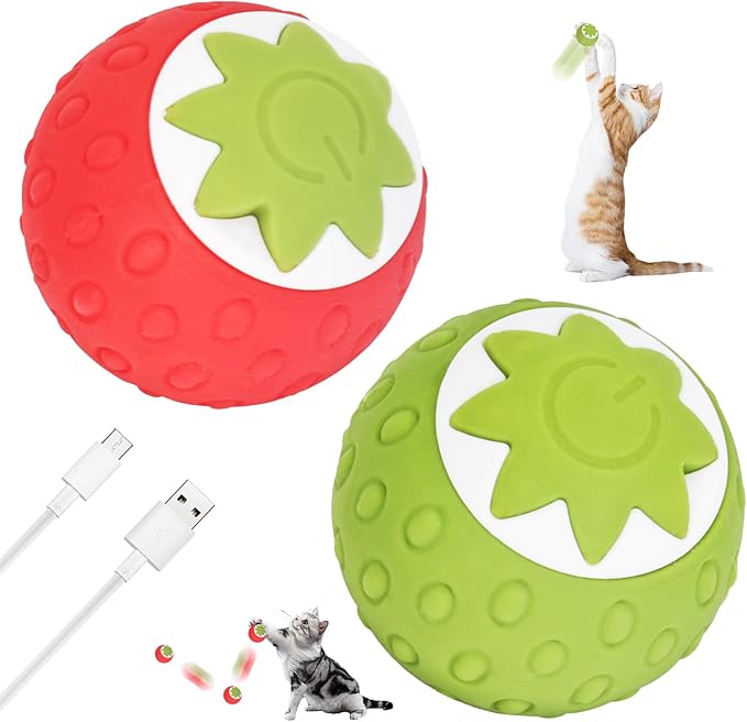 2Pcs Self-Moving Electric Cat Toy Ball with LED - Automatic Interactive Cat Toys for Indoor Cats, Smart Strawberry Design Stimulates Hunting Instincts, Boredom Relief & Exercise for Solo Play-Mewly Pet